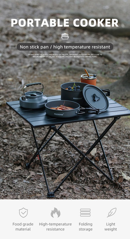 PACOONE Camping Cookware Set Portable Cookware Kit Outdoor Pot Cooking Water Kettle Pan Set Tableware Hiking Picnic Equipment