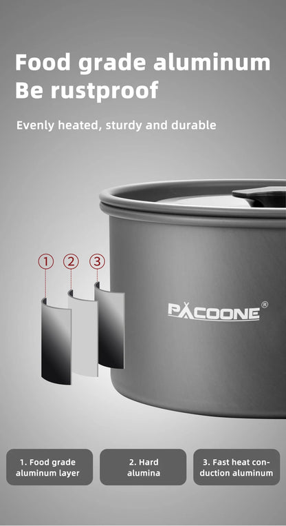 PACOONE Camping Cookware Set Portable Cookware Kit Outdoor Pot Cooking Water Kettle Pan Set Tableware Hiking Picnic Equipment