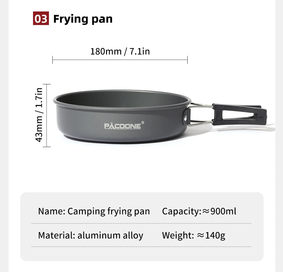 PACOONE Camping Cookware Set Portable Cookware Kit Outdoor Pot Cooking Water Kettle Pan Set Tableware Hiking Picnic Equipment