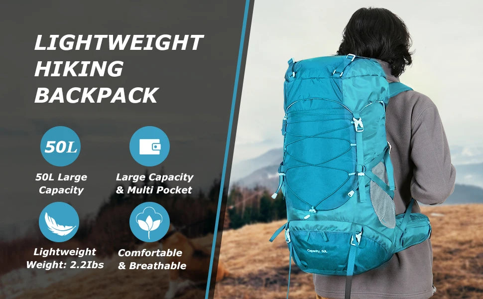 WESTTUNE 50L Hiking Backpack with Rain Cover Multifunctional Mountaineering Bag Outdoor Rucksack for Travel Trekking Camping